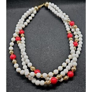 White Necklace Gold Tone And Red Beads Triple strand by Alabaster